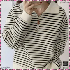 送料無料 ハーフジップニットポロ ボーダートップス レディース ポロ襟ニットトップス 長袖 ニットトレーナー スウェットライク ニットプルオーバー ベーシックニット 着回し 体型カバー服着やせ ドロップショルダー 大人可愛い服お洒落