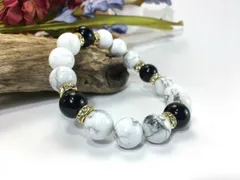 パワーストーン ブレスレット ハウライト オニキス 12mm  （ゴールド）メンズ・レディース 男性・女性 数珠ブレス 開運  [a]