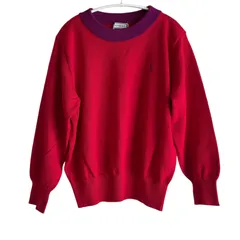 Z1535 Yves Saint Laurent イヴ・サンローラン ニット ウール100% クルーネック 赤×パープル 刺繍ロゴ レディース Mサイズ