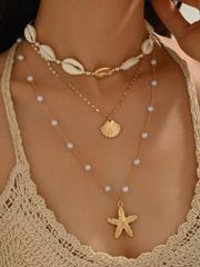 Women's 3-Piece Vacation Ocean Style Necklace Set, Handmade Rope Necklace with Shell, Starfish, and Scallop Pendants, Elegant and Romantic Jewelry Set for Day