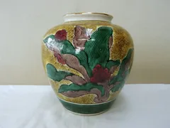 【九谷　花瓶　青手古九谷様式　二重角福銘　花実文花器】鑑賞陶磁器　骨董　花生け