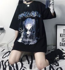 地雷系　ファッション オーバーサイズ　プリント　Tシャツ　ユニセックス　レディース　メンズ　地雷系 サブカル　ファッション　　原宿　渋谷　春　夏　若者　地雷系　量産型　ロック　個性的　セクシー　ブラック　ギャル　おしゃれ　プリント　ベルト　長袖　安い