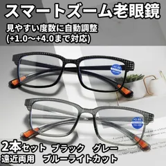 [2本]＋1.0～+4.0 度数自動調整 老眼鏡 スマートズーム 累進多焦点 遠近両用 ブルーライトカット UV 40代 50代 60代 男性 女性　黒灰　新