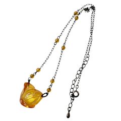 L’EST アンティーク ネックレス 薔薇 ローズ レジン チャーム ペンダント マスタード イエロー 9月