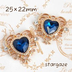 【 2個 】 25×22mm ハートセンターパーツ ストーン ビジュー ダークブルー×ゴールドフレーム