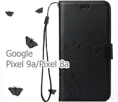 Pixel9a ケース 手帳型 pixel8a pixel 9a pixel 8a スマホケース グーグル ピクセル9a カバー ピクセル8a レザー 革 蝶 黒 ブラック 花柄 送料無料