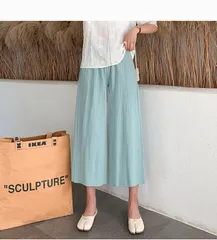 レディースワイドパンツ  綿麻 ゆったり リネン ガウチョパンツ ロングパンツ ウエストゴム 麻混 体型カバー 美脚 春夏langshun01