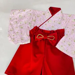 【SALE】ベビー袴　ハンドメイド　ベビー着物　ピンク　白花束　赤えんじ　60 70 80