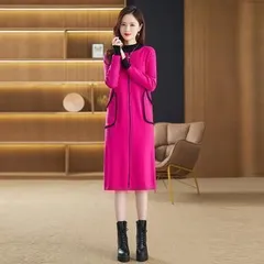 【ピンク色★Ｌサイズ】長袖 ひざ丈 ニット　ワンピース　ポケット付き　おしゃれ 大きめ　体型カバー　ゆったり　Aライン