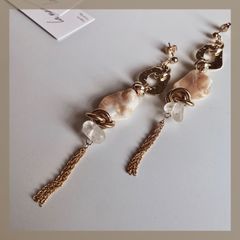 【304ステンレス ポスト 24KGP 本金メッキ】 天然 シェル ゴールド シルバー メタル チェーン ロング 大ぶり 天然石 クォーツ クリスタル クリア アレルギー対応 ハンドメイドピアス 【イヤリング変更可能】