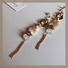 【304ステンレス ポスト 24KGP 本金メッキ】 天然 シェル ゴールド シルバー メタル チェーン ロング 大ぶり 天然石 クォーツ クリスタル クリア アレルギー対応 ハンドメイドピアス 【イヤリング変更可能】