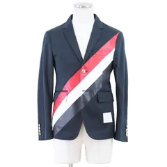 【美品】THOM BROWNE トム ブラウン ジャケット アンコン UNCONNSTRUCTED CLASSIC SB S-C W-PRINTED DIAGONAL STRIPE 金ボタン ガーメント・ボタン付属 テーラード ブレザー メンズ 0 紺 日本製のサムネイル