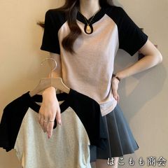 【美品・未使用新品】半袖です☆春と夏の新しい大きなヤードの女性の摩耗カラーブロッキング半袖Tシャツスケルトンブラウス女性