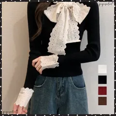 ニットトップス 刺しゅうレース ボウタイ リブニット 長袖バイカラー トップス リボン ニットセーター きれいめ 韓国ファッション レース切替 タイトニット 配色 プルオーバー 秋冬 ニットソー 着やせ オフィスカジュアル