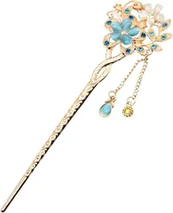 Miaomyao ミャオミャオ 簪 かんざし 一本 髪飾り 和装 留袖 アンティーク キュービックジルコニア ペア カップル フラワー 桜 花 モチーフ ピンクゴールド ヘアアクセサリー(Blue,  ワンサイズ)