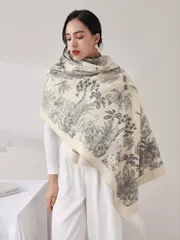 アクセサリー レディース スカーフ 1枚 ベージュグレーフローラル柄レトロフリンジジャカード風カシミアライクあたたかいファッション プラスサイズ エアコン対策ソファブランケットストール 日常使いに最適なエレガントな