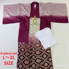 紋付袴 6点セット 着物 羽織 袴 長襦袢 羽織紐 角帯 裄75.5cm 袴丈90cm L〜2L ピンク 五つ紋 中古 4507