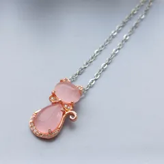 【新品】ネックレス レディース ピンク ゴールド ネコモチーフ  シルバー ローズクォーツ風ネックレス　ローズゴールド