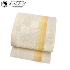 夏帯 名古屋帯 市松柄 縦縞模様 乳白色 O-5056