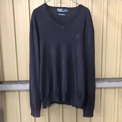 276 Polo Ralph Lauren コットンニット セーター ポロラルフローレン L ネイビー ピマコットン 90s 春 プルオーバー Vネック 古着卸 アメリカ仕入