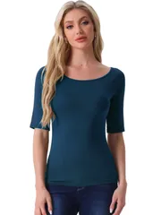 Allegra K ハロウィン コスチューム 無地 tシャツ ５分丈 五分袖tシャツ トップス クリスマス ストレッチ スリム シンプル レディース ダークブルー L