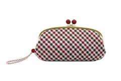 Atelier Kyoto Nishijin 西陣織シルク がま口長財布 京組紐ストラップ付 ギンガムチェック (Red)｜日本製