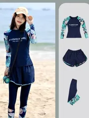3点セット 水着  レディース ラッシュガード 長袖 レギンス ショートパンツ タンキニフィットネス レギンス 体型カバー  ネイビー ゆったり 大きいサイズ 水陸両用 UV 日焼け防止 速乾 露出控えめ パッド付き ママ水着 上下セット 1204