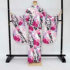 二尺袖 単品 卒業式着物 白 黒 H・L 裄68cm Lサイズ  袴用着物 化繊 中古 4579