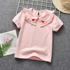 ☆ ピンク ☆ 80cm ☆ 丸襟 カットソー キッズ 半袖 pmybrows007 丸襟 カットソー キッズ 半袖 ブラウス Tシャツ 襟 フリル ハート 子供服 ガールズ ベビー 女の子 子供 子ども こども トップス おしゃれ かわいい