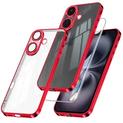 iPhone 16 用 ケース クリア 【カメラレンズ保護付き/フィルム付き】 アイフォン16 カバー スマホケース 透明 TPU 薄型 耐衝撃 スリム 赤 メッキ加工 黄変防止 ストラップホール付き ワイヤレス充電対応 iphone16 クリアケース レッド