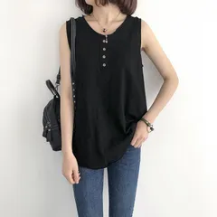 ノースリーブ タンクトップ  レディース ロング丈 Uネック ボタン付き  無地 インナー トップス  ゆったり 薄手 重ね着nuka01