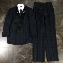 【JAPANESE VINTAGE】5点セット セレモニー ドレス タキシード ダブルスーツ セットアップ 上下 グリーン系 Lサイズ チェック柄 成人式 卒業式 結婚式（ユーロピンズ＆シャツ＆ネクタイ おまけ）No.25