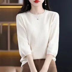 ☆ オフホワイト ☆ L ☆ Tシャツ 7分袖 レディース ニット 7分袖 レディース サマーニット サマーセーター セーター ニットTシャツ 半袖ニット ニットウェア 七分袖 クルーネック 上品 きれいめ 無地 シンプル 女性 大人 おしゃれ オシャレ