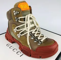 極美品★GUCCI★グッチ・Flashtrek フラッシュトレック レディース レザー切替し エンボス加工 SEGAグラフィックフォント ブランドロゴ スニーカー トレッキングシューズ(36) イタリア製 秋冬物 カジュアル