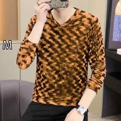 [M]秋冬 コーデ メンズ  服 シンプル ファッション オシャレ 大人 かっこいい 大きいサイズ ストリート 紳士服  ゴールド エンボス Vネック プルオーバー シャツ 花柄 カラーマッチング 長袖 T 