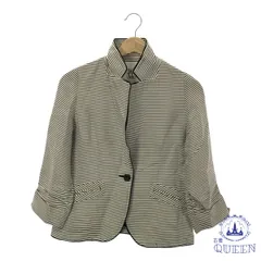 ☆美品☆ MICHEL KLEIN ミッシェルクラン トップス ジャケット 襟付き 袖スリット 袖ギャザー 七分丈 フロントボタン 両サイドポケット ボーダー レディース ブラック ボーダー 38 キュプラ 901-15908 送料無料 古着