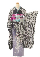 美品 正絹 振袖3点セット 桜菊文様 黒地紫ぼかし 裄69 高身長 成人式