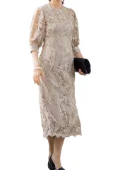 [MORE AUNI] パーティー ドレス 結婚式 エンブロイダリー コクーンドレス ワンピース 刺繍 2次会 1.5次会 お呼ばれ サマー ウィンター スプリング オータム 大きいサイズ ボディコン ニット 切り替え [ベージュ / J327013] [L]