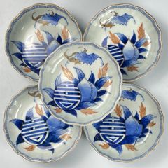 775 色絵　染付　蝙蝠　桃　柘榴　古伊万里　伊万里焼　骨董　アンティーク　膾皿　5客セット