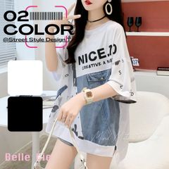 Ｔシャツ トップス 半袖 ロゴ デニム ユニーク 個性派 夏服 レディース 韓国ファッション ストリート デザインT パッチワーク 異素材 白黒
