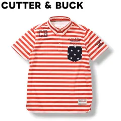 【美品】 デサント製 カッターアンドバック CUTTER ＆ BUCK 半袖 ポロシャツ ボタンダウン スリット ロゴ入り アメリカ 国旗 星条旗 デザイン L ボーダー柄 レッド x ホワイト x ネイビー ゴルフ スポーツ カジュアル ウェア メンズ