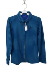 【美品】le coq sportif(ルコックスポルティフ) 長袖ポロシャツ 青緑ストライプ レディース M ゴルフウェア 2509-0820 中古