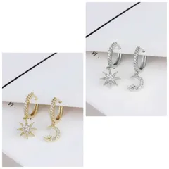 【ゴールド/シルバー】シルバー925 ダイヤ ムーン スター フープピアス 上品 華奢 大人 女性 高級感 エレガント シンプル 輝き 清楚 普段使い フォーマル ギフト 人気 プレゼント おしゃれ 上質 小ぶり アクセサリー 好印象 (460 461)
