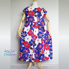 浴衣リメイク ワンピース 椿柄 青赤白紫 フレンチスリーブ 綿 | Yukata Remake Dress Camellia Flower Pattern#2505-029