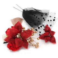 髪飾り ３点セット 京都 西陣 和小物 京あそび 成人式 花 赤 チュール パール 和風 浴衣 着物 振袖 袴 七五三 子供 キッズ ヘアアクセサリー コーム 髪留め 結婚式お呼ばれ 大きめ 日本製 送料無料 W 93 CM-4-811 w700　Si