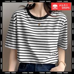 ボーダーTシャツ 半袖 レディース 韓国風 Tシャツ 涼しい ボーダー トップス おしゃれ 夏 着やせ ラウンドネック tシャツ 配色 プルオーバー 薄手 カットソー カジュアル きれいめ 韓国ファッション ゆったり CH84YOUQI-001
