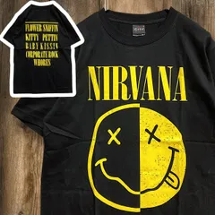 バンド Tシャツ ニルバーナ NIRVANA スマイリー ニコちゃん ハーフ&ハーフ 黒 tee ティーシャツ ミュージック ロック ツアー ライブ デザイン 派手 奇抜 古着 ビンテージ 2502   1980 p20/