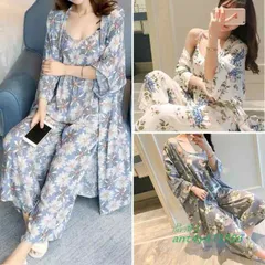 ルームウェア レディース 3点セット 部屋着 パジャマ カーディガン セットアップ キャミソール 春 秋 花柄 大人 ロングガウン 上下セット パンツ ant4y473986