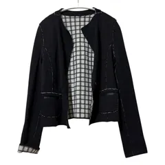 RE197 ノーカラージャケット チェック裏地デザイン ブラック 長袖 アウター レディース ブランド サイズ不明