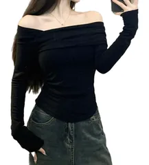 [WesRiva] レディース 肩出し ドレープ 長袖 カットソー トップス 無地 ロンT カジュアル オフ ショルダー 3カラー (JP, アルファベット, S, ブラック) [ブラック] [S]